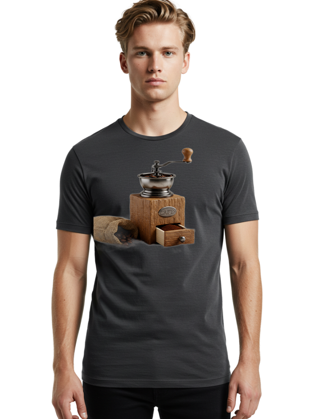 Cafe-Coffee-Grinder Men'S Graphic Tee, 100% Cotton, Comfortable Casual Summer Wear, Machine Washable, Coffee Grinder, Manual Grinder, Wooden Grinder, Cafe Label, Coffee Beans, Burlap Sack, Ground Coffee, Vintage Coffee, Coffee Roasting, Baa246
