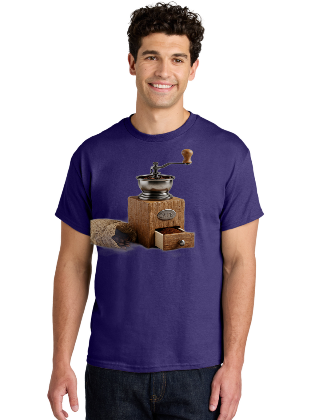 Cafe-Coffee-Grinder Men'S Graphic Tee, 100% Cotton, Comfortable Casual Summer Wear, Machine Washable, Coffee Grinder, Manual Grinder, Wooden Grinder, Cafe Label, Coffee Beans, Burlap Sack, Ground Coffee, Vintage Coffee, Coffee Roasting, Baa246
