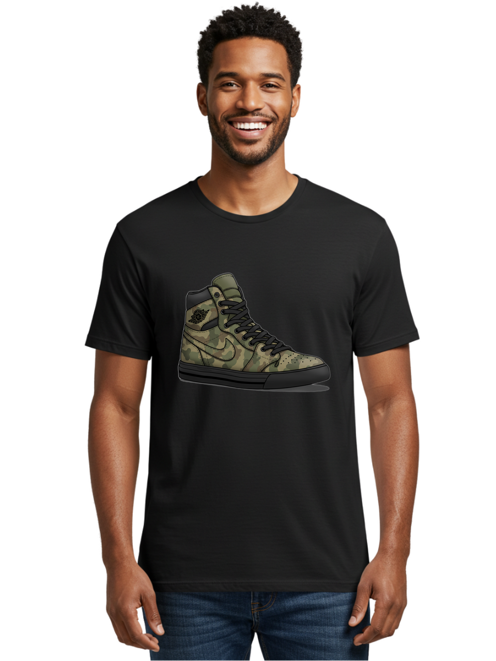 Camo-Jordan-1 Men'S Graphic Tee, 100% Cotton, Comfortable Casual Summer Wear, Machine Washable, Camouflage Nike Shoe, High-Top Sneakers, Black Laces, Nike Swoosh Logo, Streetwear Fashion, Athletic Footwear, Camouflage Pattern, Black Sole Baa247