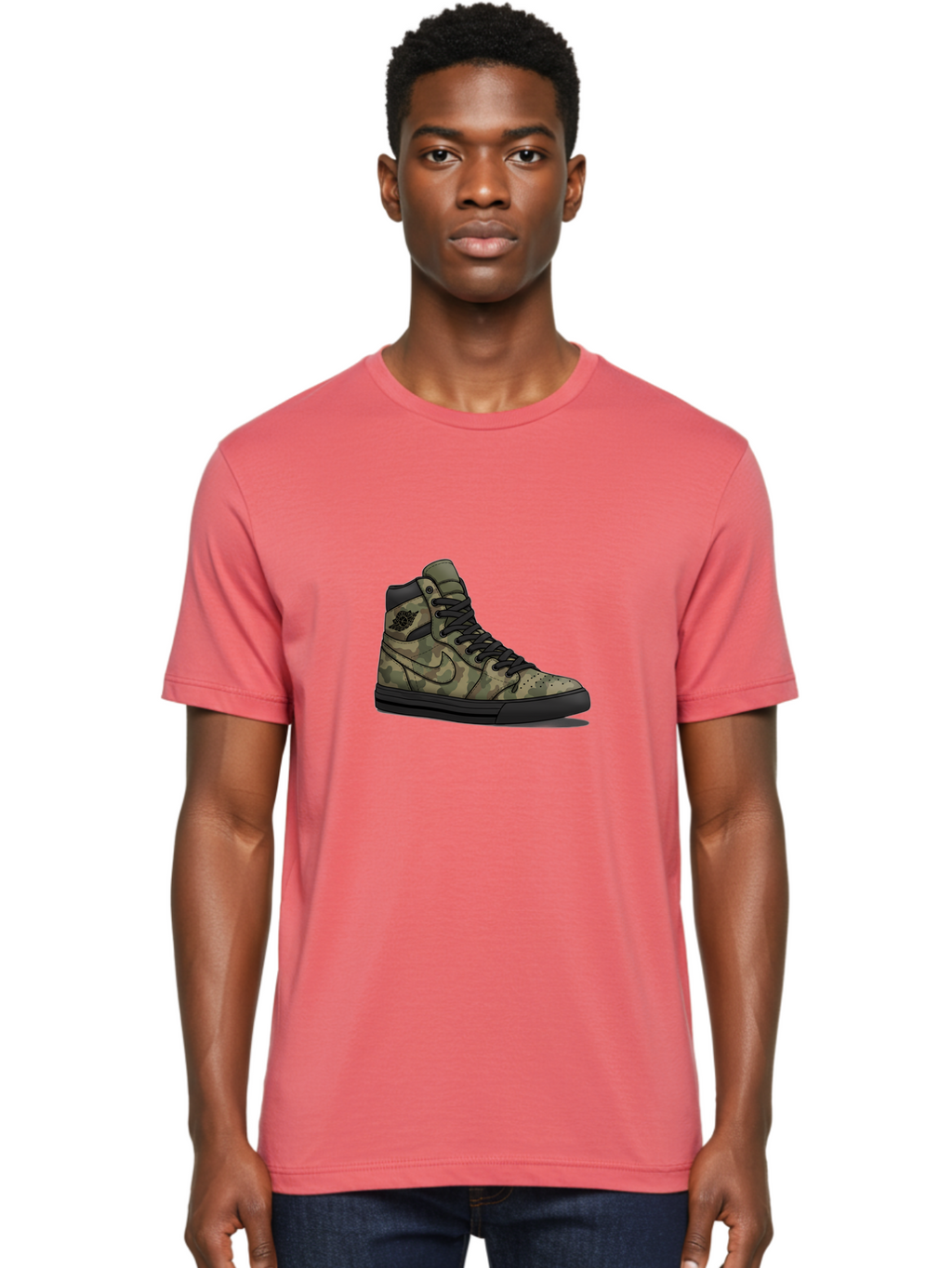 Camo-Jordan-1 Men'S Graphic Tee, 100% Cotton, Comfortable Casual Summer Wear, Machine Washable, Camouflage Nike Shoe, High-Top Sneakers, Black Laces, Nike Swoosh Logo, Streetwear Fashion, Athletic Footwear, Camouflage Pattern, Black Sole Baa247