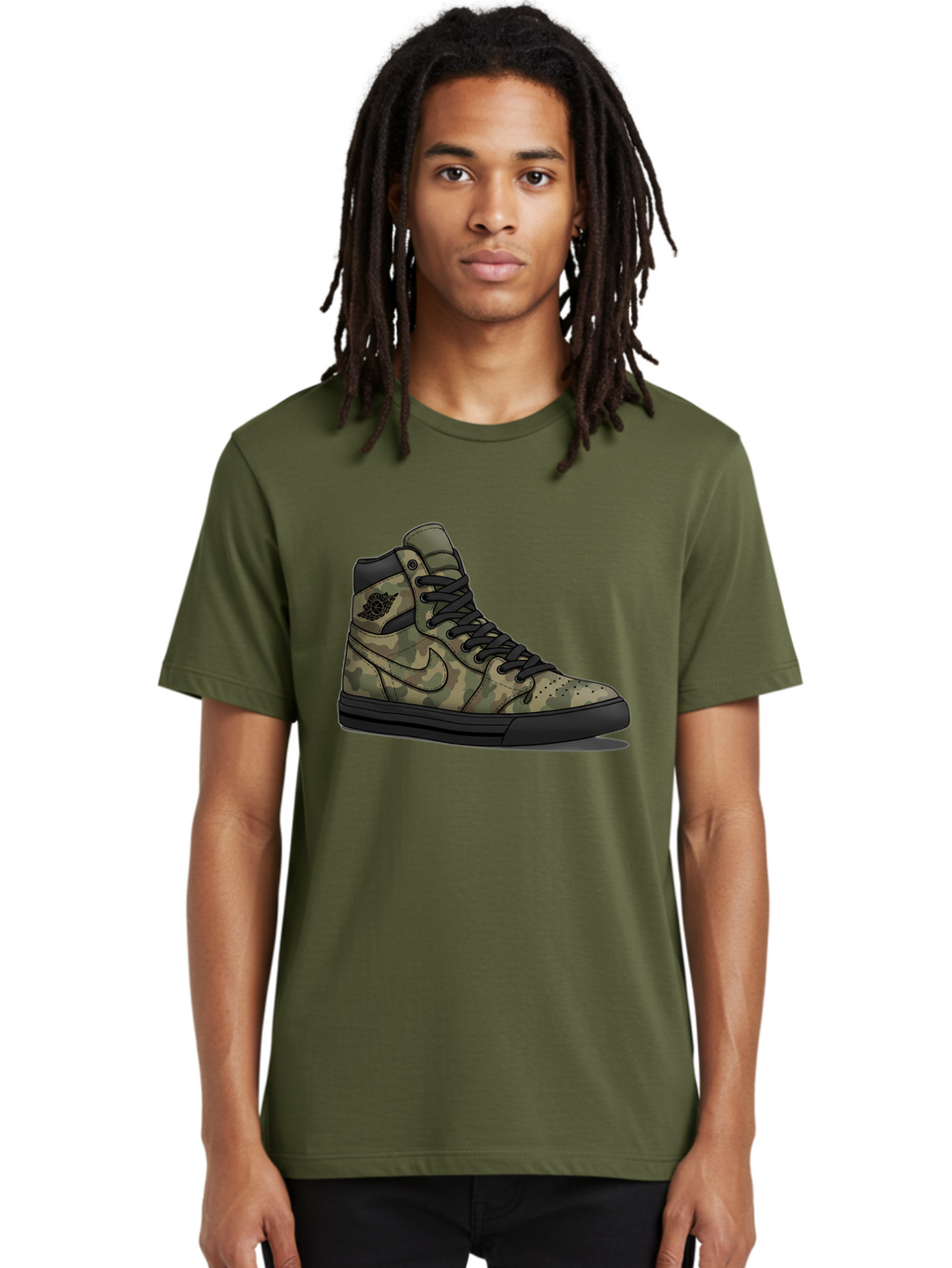 Camo-Jordan-1 Men'S Graphic Tee, 100% Cotton, Comfortable Casual Summer Wear, Machine Washable, Camouflage Nike Shoe, High-Top Sneakers, Black Laces, Nike Swoosh Logo, Streetwear Fashion, Athletic Footwear, Camouflage Pattern, Black Sole Baa247