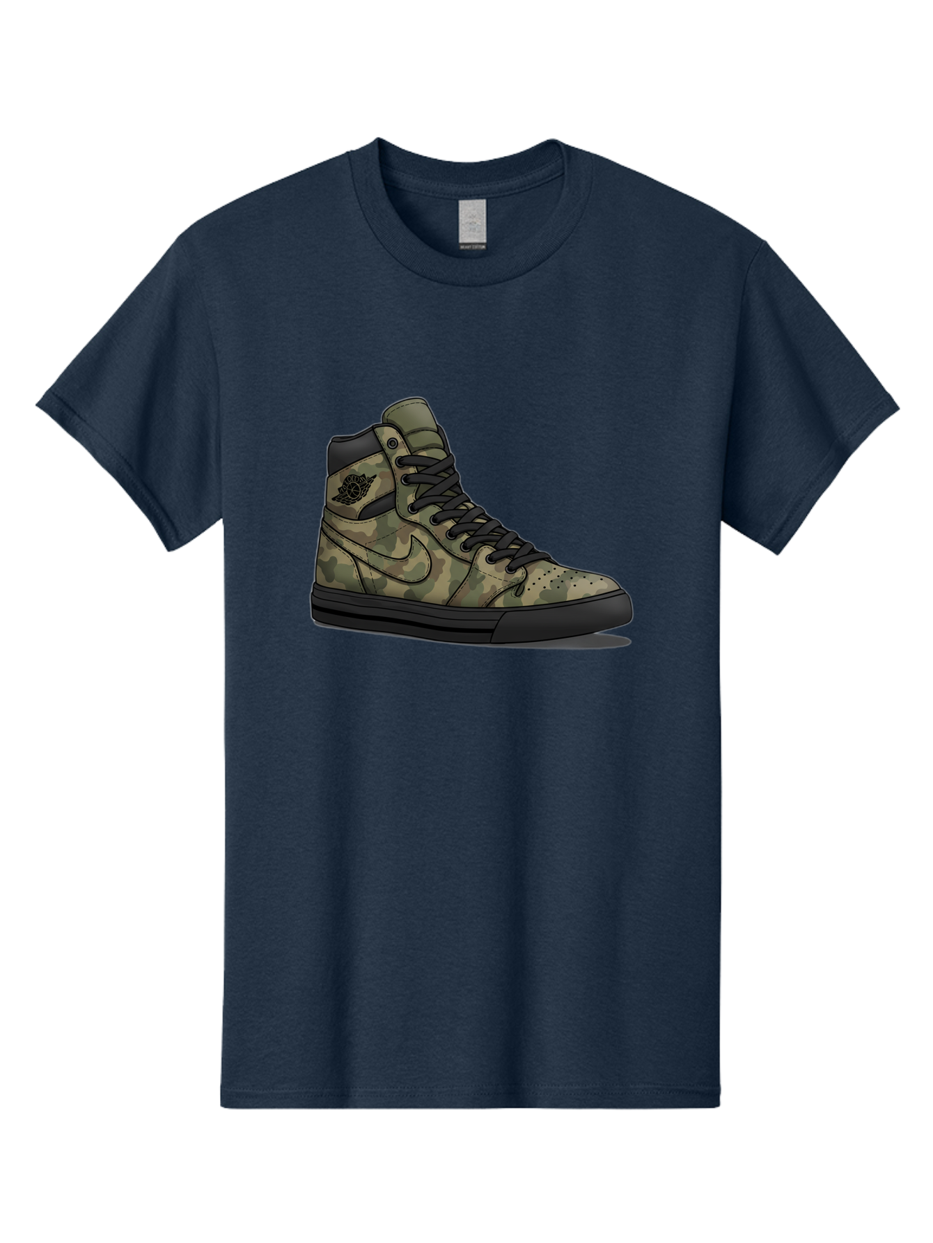 Camo-Jordan-1 Men'S Graphic Tee, 100% Cotton, Comfortable Casual Summer Wear, Machine Washable, Camouflage Nike Shoe, High-Top Sneakers, Black Laces, Nike Swoosh Logo, Streetwear Fashion, Athletic Footwear, Camouflage Pattern, Black Sole Baa247