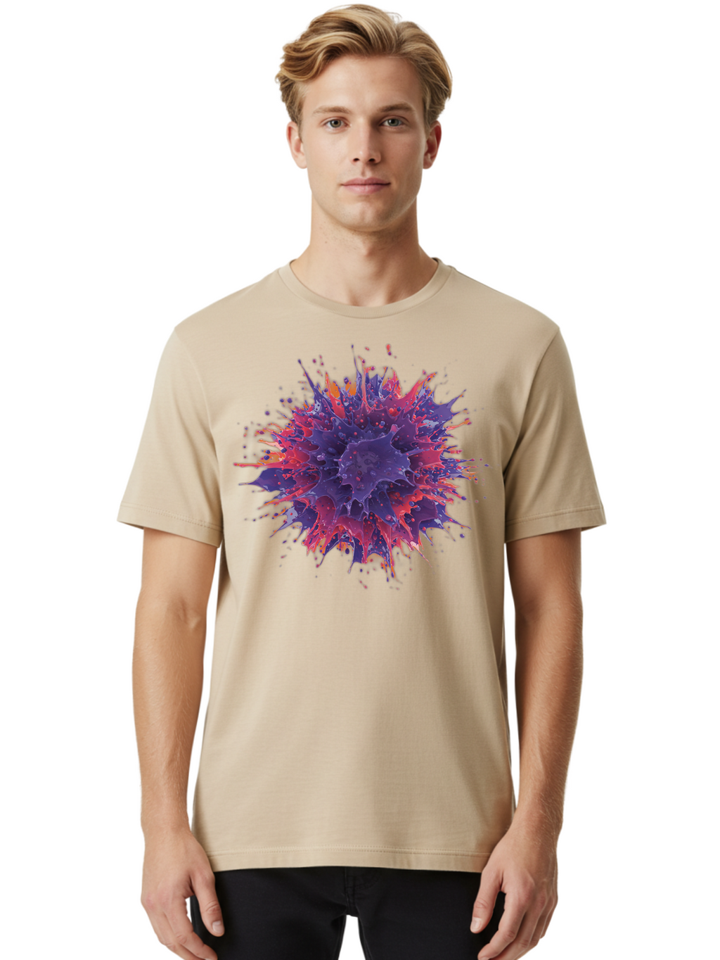 Cancer-Cell Men'S Graphic Tee, 100% Cotton, Comfortable Casual Summer Wear, Machine Washable, Cancer Cell, Tumor Cell, Abnormal Cell Growth, Purple And Red Cell Structure, Spiky Cell Texture, Medical Illustration, Cancer Research, Cell Biology Baa248