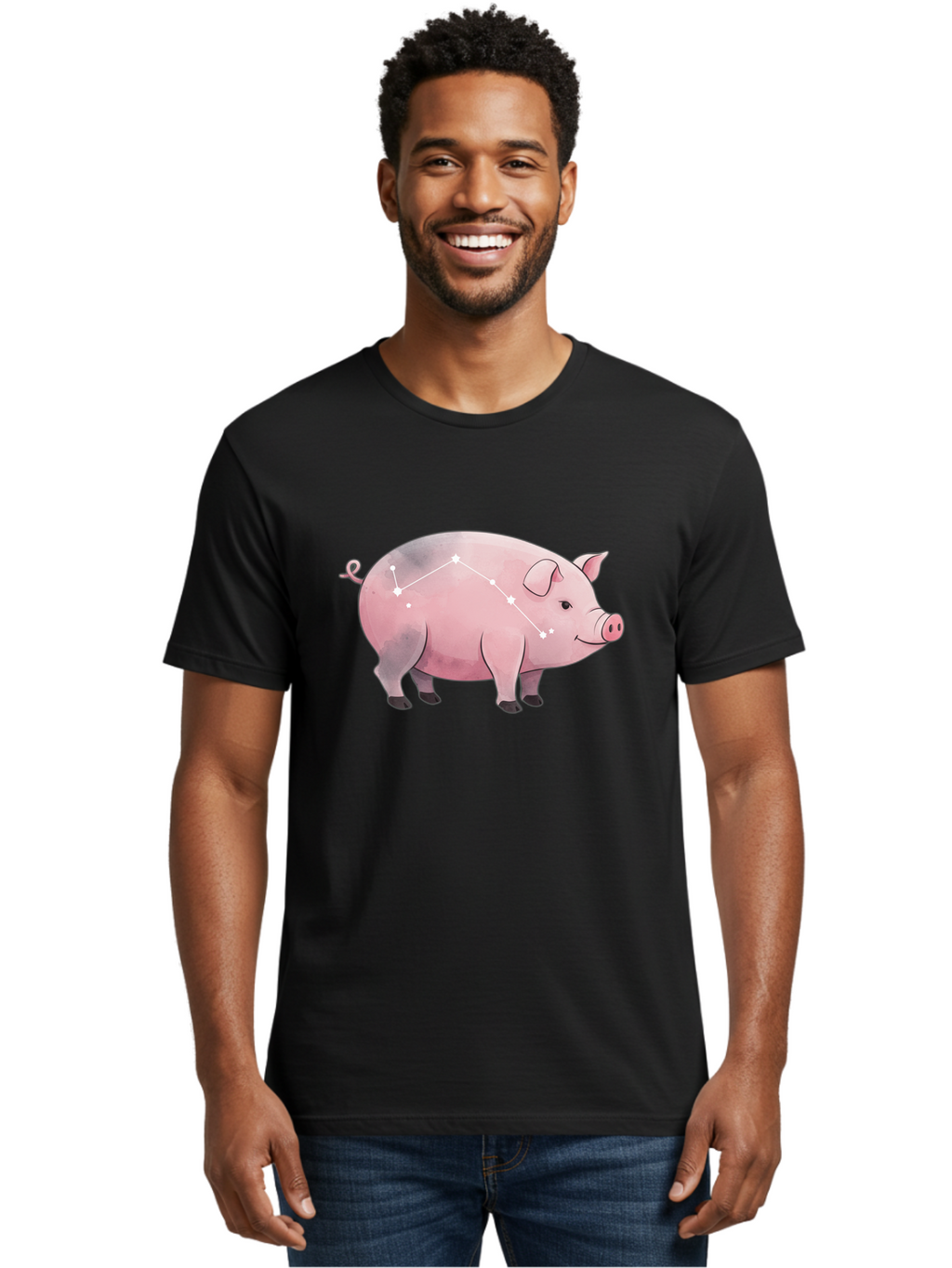 Cancer Men'S Graphic Tee, 100% Cotton, Comfortable Casual Summer Wear, Machine Washable, Cartoon Pig, Zodiac Sign, Astrology Symbol, Constellation Pattern, Cute Animal Illustration, Starry Design, Funny Pig Graphics Baa249