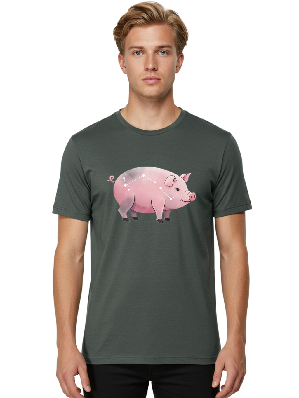 Cancer Men'S Graphic Tee, 100% Cotton, Comfortable Casual Summer Wear, Machine Washable, Cartoon Pig, Zodiac Sign, Astrology Symbol, Constellation Pattern, Cute Animal Illustration, Starry Design, Funny Pig Graphics Baa249
