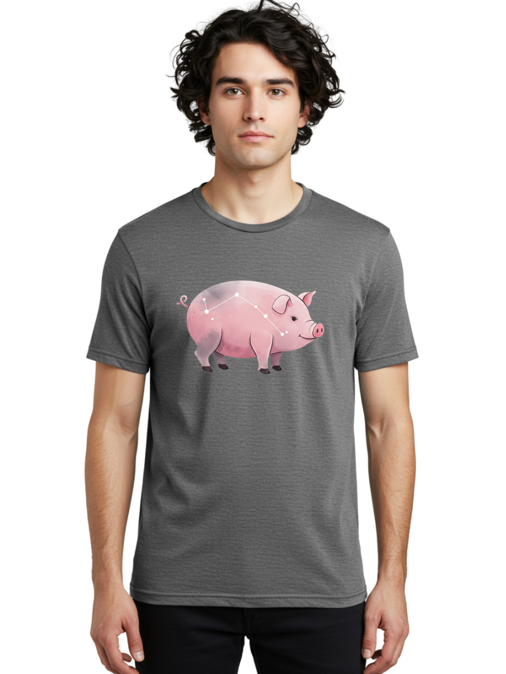 Cancer Men'S Graphic Tee, 100% Cotton, Comfortable Casual Summer Wear, Machine Washable, Cartoon Pig, Zodiac Sign, Astrology Symbol, Constellation Pattern, Cute Animal Illustration, Starry Design, Funny Pig Graphics Baa249
