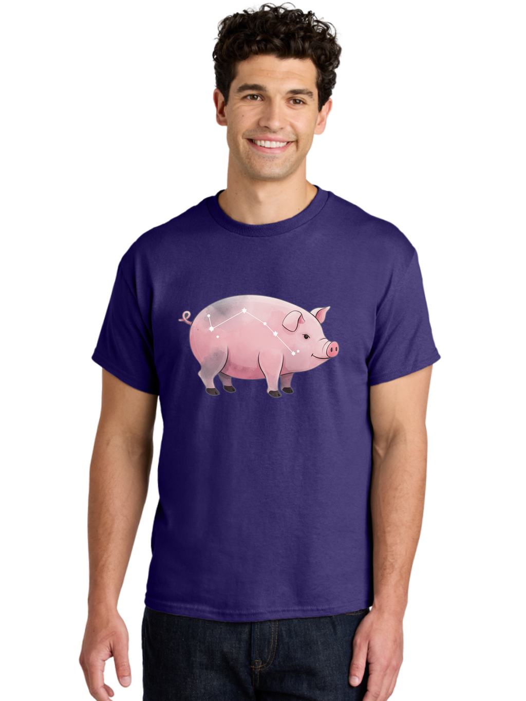 Cancer Men'S Graphic Tee, 100% Cotton, Comfortable Casual Summer Wear, Machine Washable, Cartoon Pig, Zodiac Sign, Astrology Symbol, Constellation Pattern, Cute Animal Illustration, Starry Design, Funny Pig Graphics Baa249