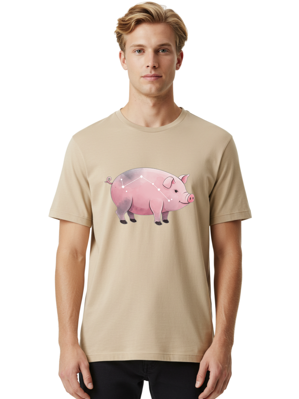 Cancer Men'S Graphic Tee, 100% Cotton, Comfortable Casual Summer Wear, Machine Washable, Cartoon Pig, Zodiac Sign, Astrology Symbol, Constellation Pattern, Cute Animal Illustration, Starry Design, Funny Pig Graphics Baa249