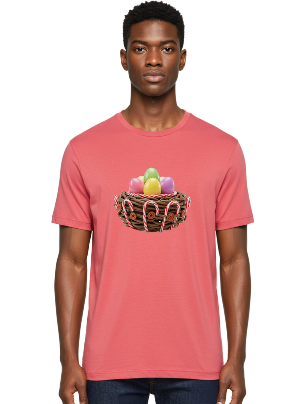 Candy-Cane-Nest-With-Easter-Eggs Men'S Graphic Tee, 100% Cotton, Comfortable Casual Summer Wear, Machine Washable, Easter Eggs In Nest, Candy Canes Decoration, Festive Treats, Holiday Sweets, Pastel Colors, Wicker Basket, Seasonal Decor, Baa250