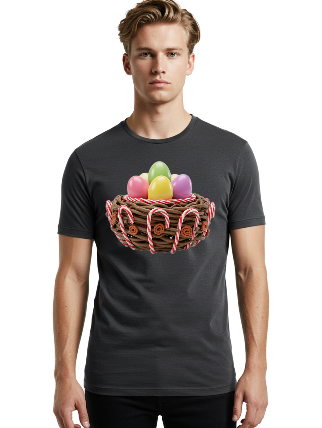 Candy-Cane-Nest-With-Easter-Eggs Men'S Graphic Tee, 100% Cotton, Comfortable Casual Summer Wear, Machine Washable, Easter Eggs In Nest, Candy Canes Decoration, Festive Treats, Holiday Sweets, Pastel Colors, Wicker Basket, Seasonal Decor, Baa250