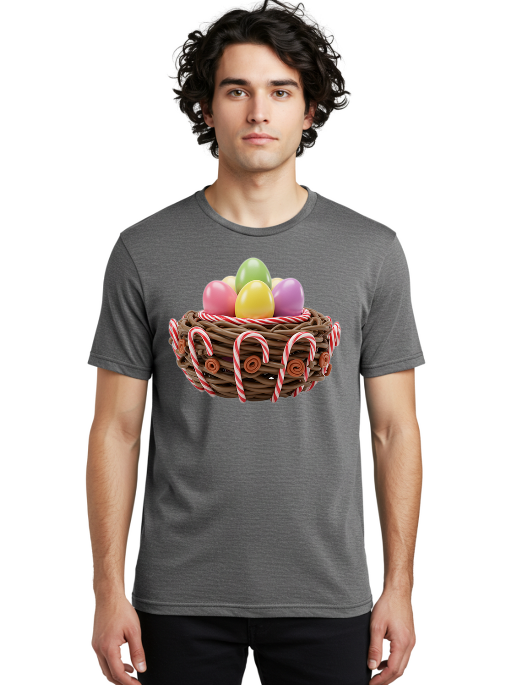 Candy-Cane-Nest-With-Easter-Eggs Men'S Graphic Tee, 100% Cotton, Comfortable Casual Summer Wear, Machine Washable, Easter Eggs In Nest, Candy Canes Decoration, Festive Treats, Holiday Sweets, Pastel Colors, Wicker Basket, Seasonal Decor, Baa250