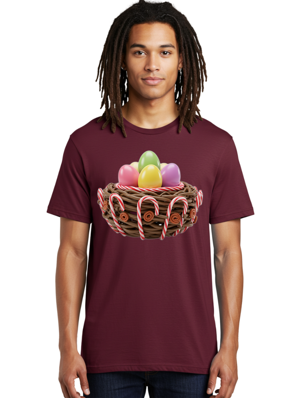 Candy-Cane-Nest-With-Easter-Eggs Men'S Graphic Tee, 100% Cotton, Comfortable Casual Summer Wear, Machine Washable, Easter Eggs In Nest, Candy Canes Decoration, Festive Treats, Holiday Sweets, Pastel Colors, Wicker Basket, Seasonal Decor, Baa250
