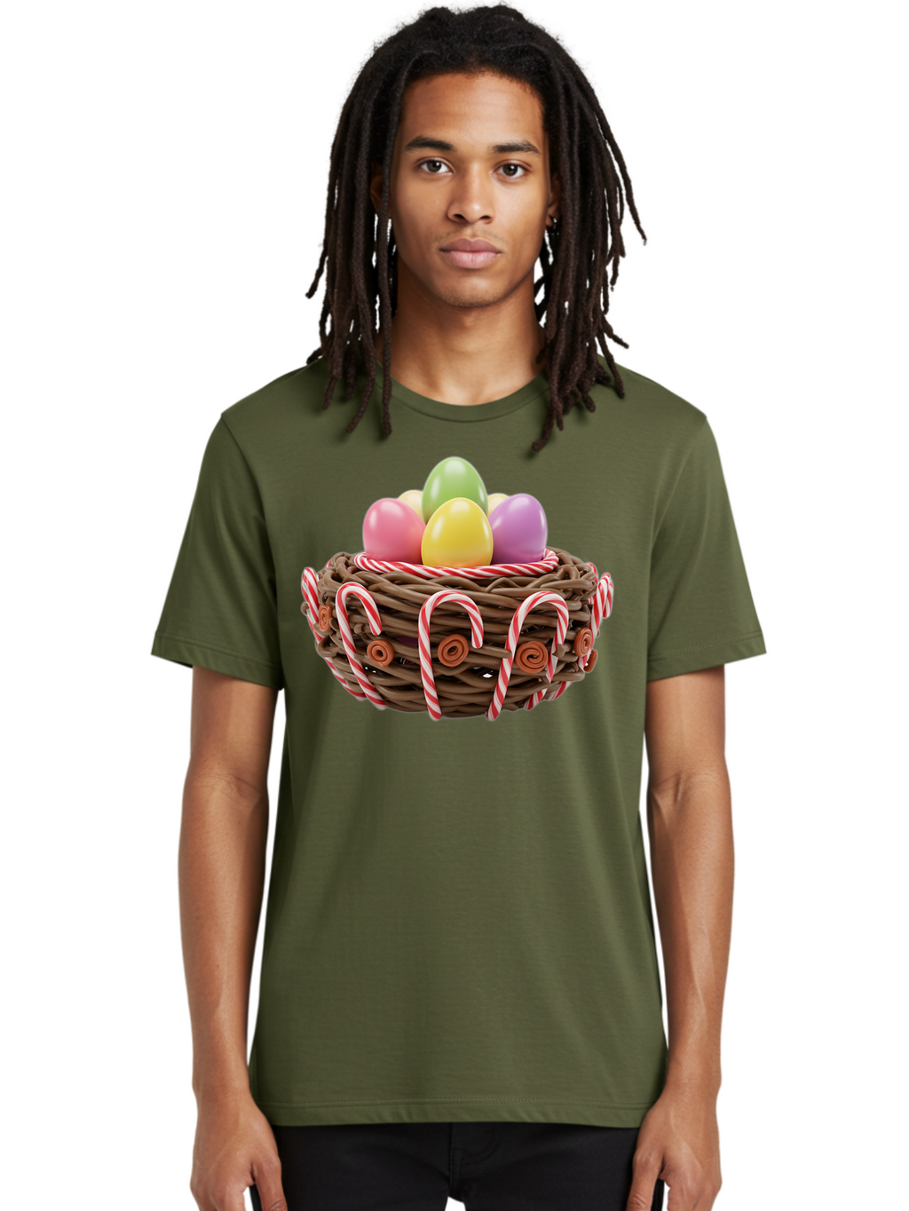 Candy-Cane-Nest-With-Easter-Eggs Men'S Graphic Tee, 100% Cotton, Comfortable Casual Summer Wear, Machine Washable, Easter Eggs In Nest, Candy Canes Decoration, Festive Treats, Holiday Sweets, Pastel Colors, Wicker Basket, Seasonal Decor, Baa250