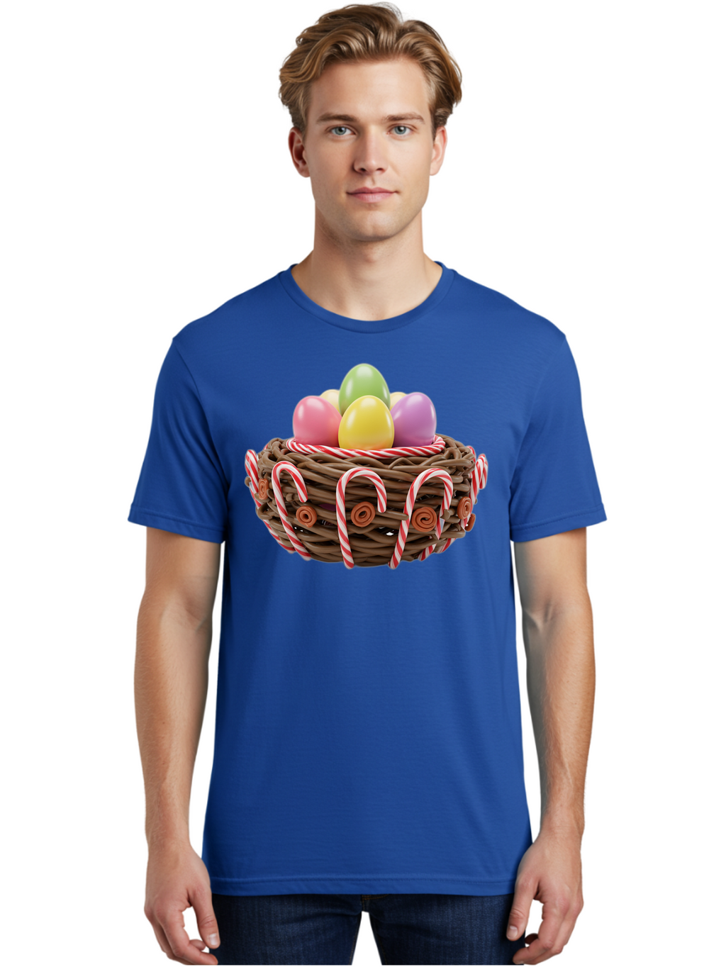 Candy-Cane-Nest-With-Easter-Eggs Men'S Graphic Tee, 100% Cotton, Comfortable Casual Summer Wear, Machine Washable, Easter Eggs In Nest, Candy Canes Decoration, Festive Treats, Holiday Sweets, Pastel Colors, Wicker Basket, Seasonal Decor, Baa250