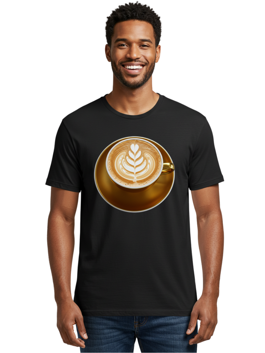 Cappuccino-Coffee Men'S Graphic Tee, 100% Cotton, Comfortable Casual Summer Wear, Machine Washable, Latte Art, Coffee Design, Leaf Pattern, Heart Shape, Coffee Cup, Saucer, Coffee Culture, Specialty Coffee, Espresso Art, Crema, Coffee Time Baa251