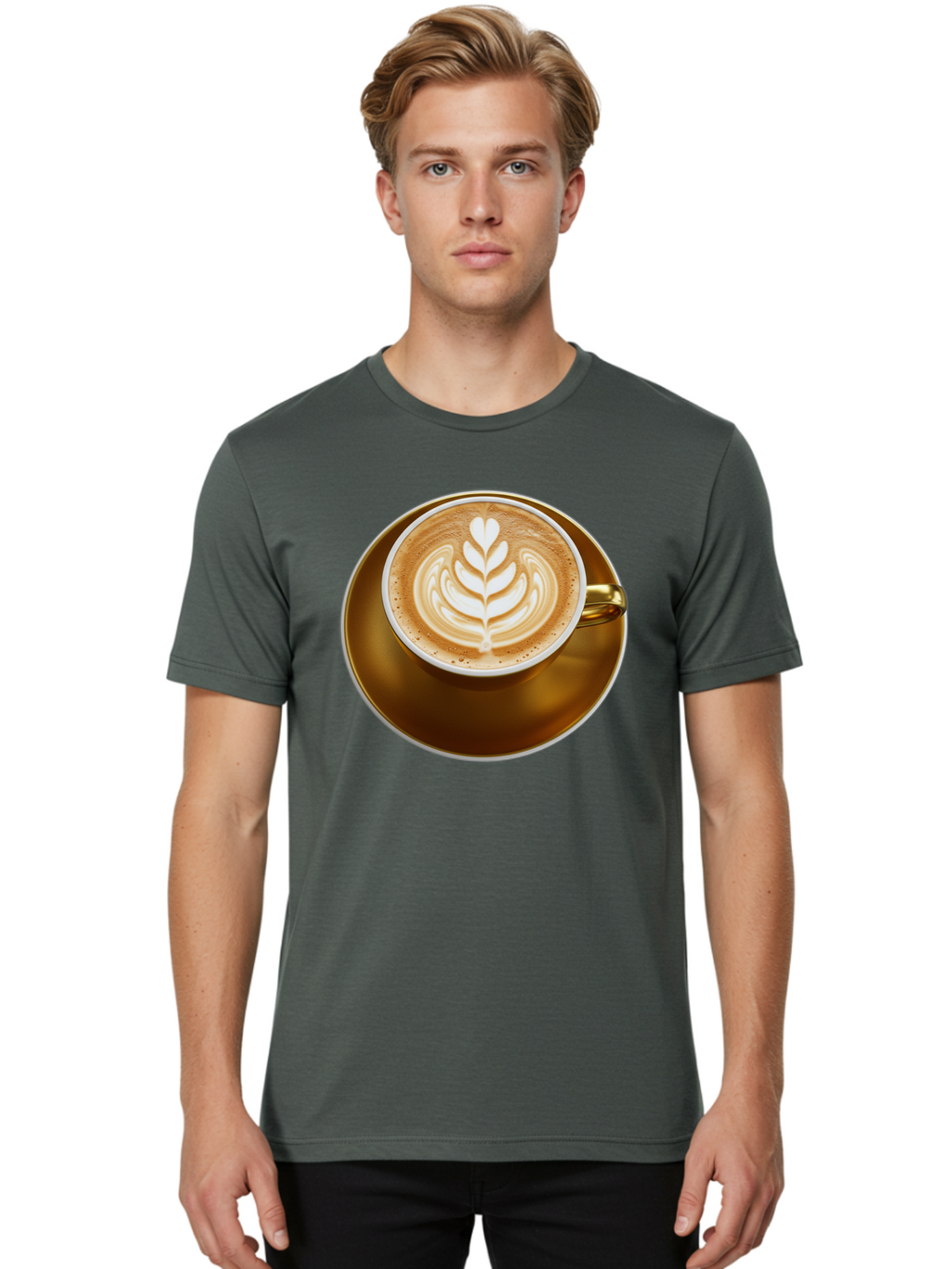 Cappuccino-Coffee Men'S Graphic Tee, 100% Cotton, Comfortable Casual Summer Wear, Machine Washable, Latte Art, Coffee Design, Leaf Pattern, Heart Shape, Coffee Cup, Saucer, Coffee Culture, Specialty Coffee, Espresso Art, Crema, Coffee Time Baa251