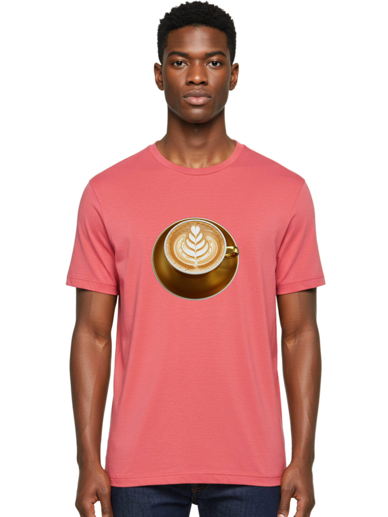 Cappuccino-Coffee Men'S Graphic Tee, 100% Cotton, Comfortable Casual Summer Wear, Machine Washable, Latte Art, Coffee Design, Leaf Pattern, Heart Shape, Coffee Cup, Saucer, Coffee Culture, Specialty Coffee, Espresso Art, Crema, Coffee Time Baa251