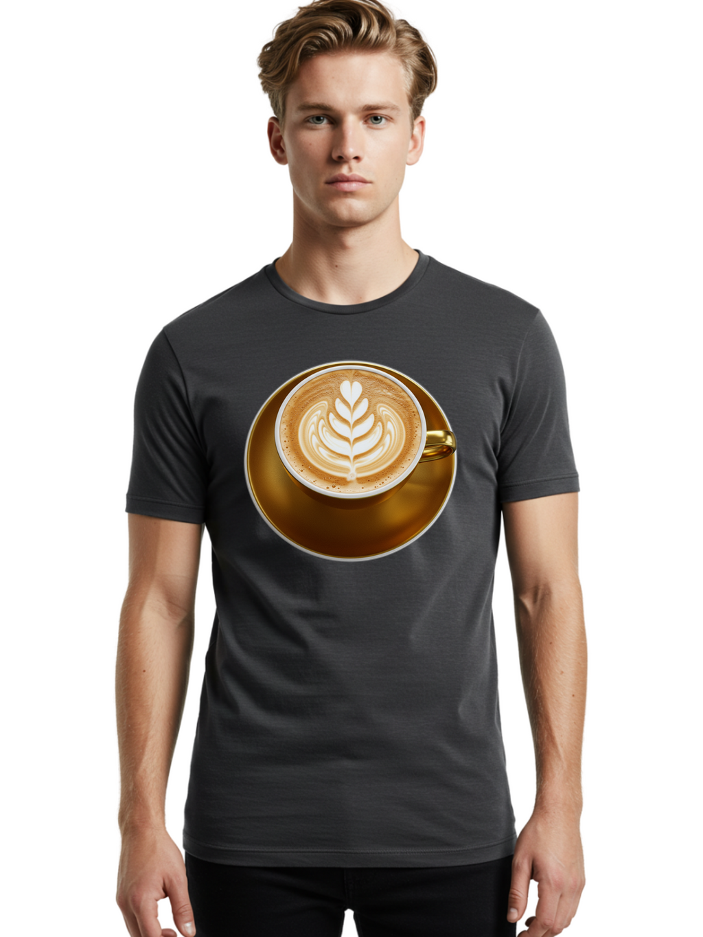 Cappuccino-Coffee Men'S Graphic Tee, 100% Cotton, Comfortable Casual Summer Wear, Machine Washable, Latte Art, Coffee Design, Leaf Pattern, Heart Shape, Coffee Cup, Saucer, Coffee Culture, Specialty Coffee, Espresso Art, Crema, Coffee Time Baa251
