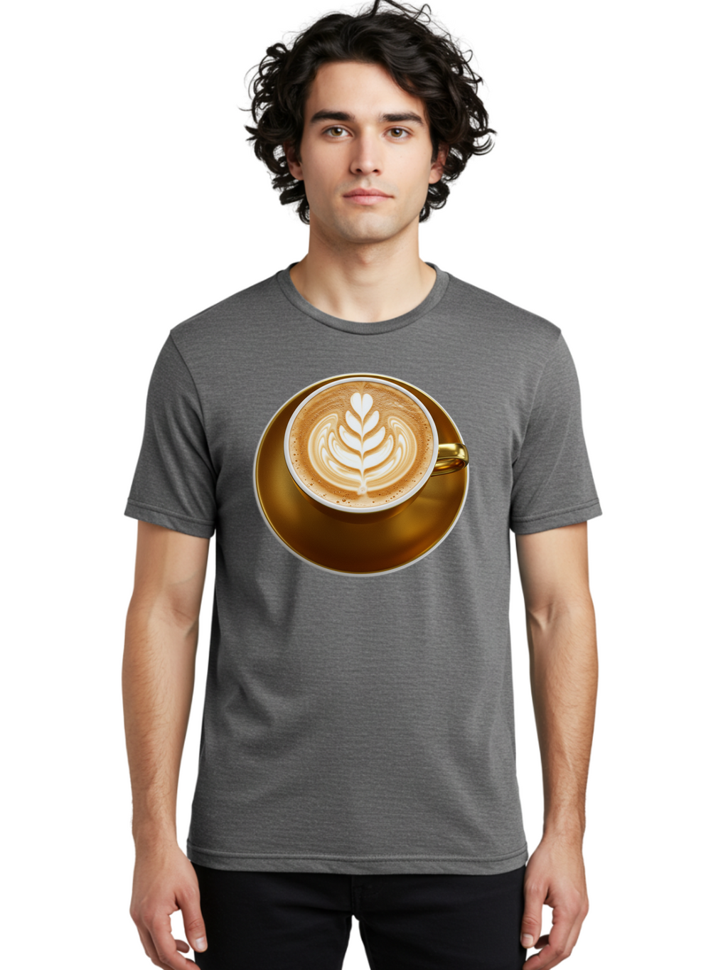 Cappuccino-Coffee Men'S Graphic Tee, 100% Cotton, Comfortable Casual Summer Wear, Machine Washable, Latte Art, Coffee Design, Leaf Pattern, Heart Shape, Coffee Cup, Saucer, Coffee Culture, Specialty Coffee, Espresso Art, Crema, Coffee Time Baa251