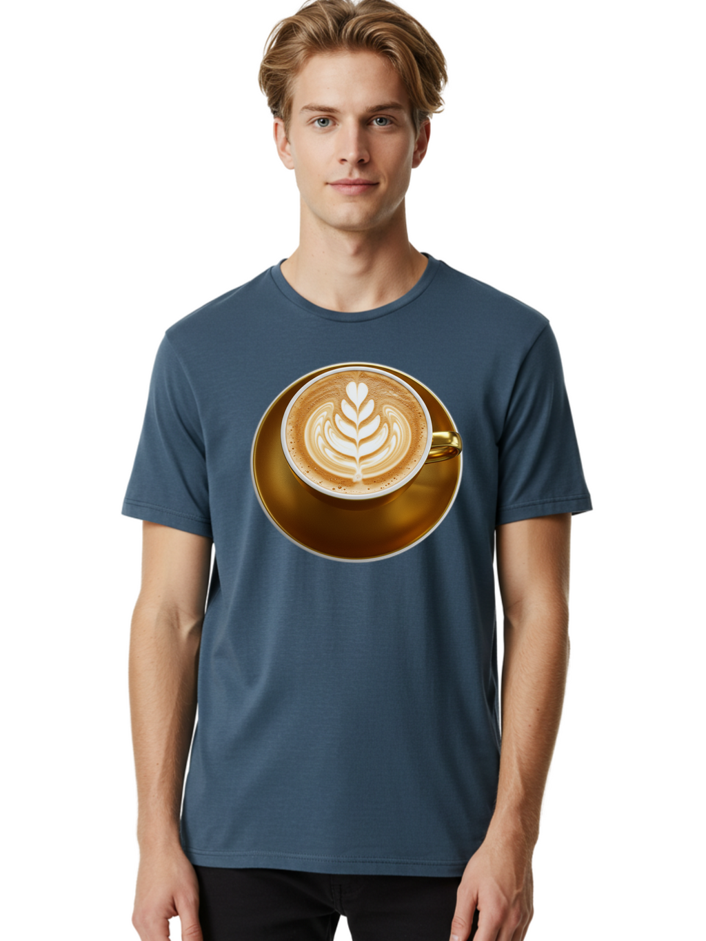 Cappuccino-Coffee Men'S Graphic Tee, 100% Cotton, Comfortable Casual Summer Wear, Machine Washable, Latte Art, Coffee Design, Leaf Pattern, Heart Shape, Coffee Cup, Saucer, Coffee Culture, Specialty Coffee, Espresso Art, Crema, Coffee Time Baa251