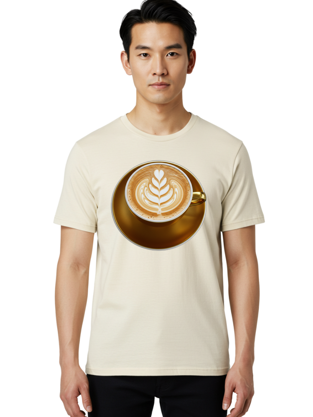 Cappuccino-Coffee Men'S Graphic Tee, 100% Cotton, Comfortable Casual Summer Wear, Machine Washable, Latte Art, Coffee Design, Leaf Pattern, Heart Shape, Coffee Cup, Saucer, Coffee Culture, Specialty Coffee, Espresso Art, Crema, Coffee Time Baa251