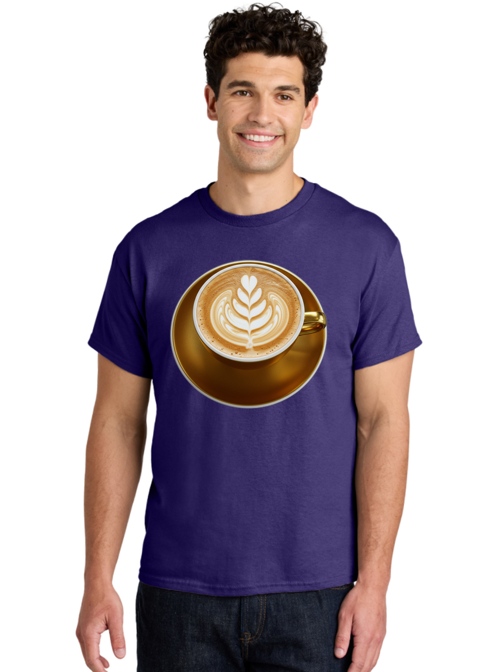 Cappuccino-Coffee Men'S Graphic Tee, 100% Cotton, Comfortable Casual Summer Wear, Machine Washable, Latte Art, Coffee Design, Leaf Pattern, Heart Shape, Coffee Cup, Saucer, Coffee Culture, Specialty Coffee, Espresso Art, Crema, Coffee Time Baa251