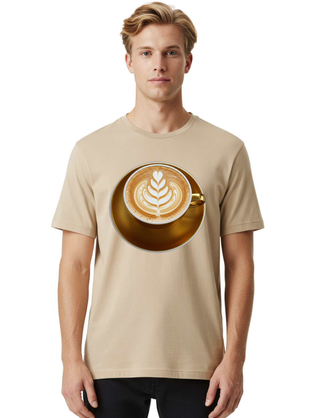 Cappuccino-Coffee Men'S Graphic Tee, 100% Cotton, Comfortable Casual Summer Wear, Machine Washable, Latte Art, Coffee Design, Leaf Pattern, Heart Shape, Coffee Cup, Saucer, Coffee Culture, Specialty Coffee, Espresso Art, Crema, Coffee Time Baa251