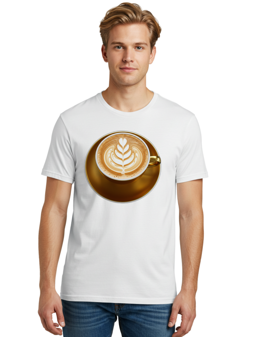 Cappuccino-Coffee Men'S Graphic Tee, 100% Cotton, Comfortable Casual Summer Wear, Machine Washable, Latte Art, Coffee Design, Leaf Pattern, Heart Shape, Coffee Cup, Saucer, Coffee Culture, Specialty Coffee, Espresso Art, Crema, Coffee Time Baa251