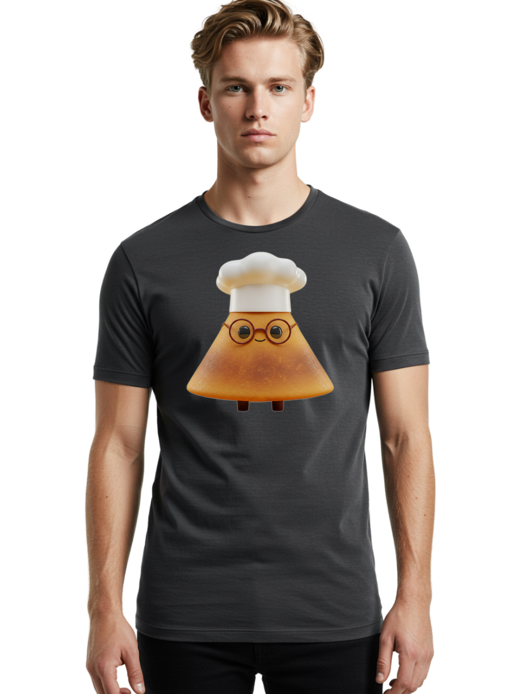 Caramel-Macchiato Men'S Graphic Tee, 100% Cotton, Comfortable Casual Summer Wear, Machine Washable, Cartoon Chef, Triangular Chef, Chef Hat, Round Glasses, Smiling Face, Black Eyes, Chef Character, Kitchen Staff, Cooking, Funny Character, Baa252