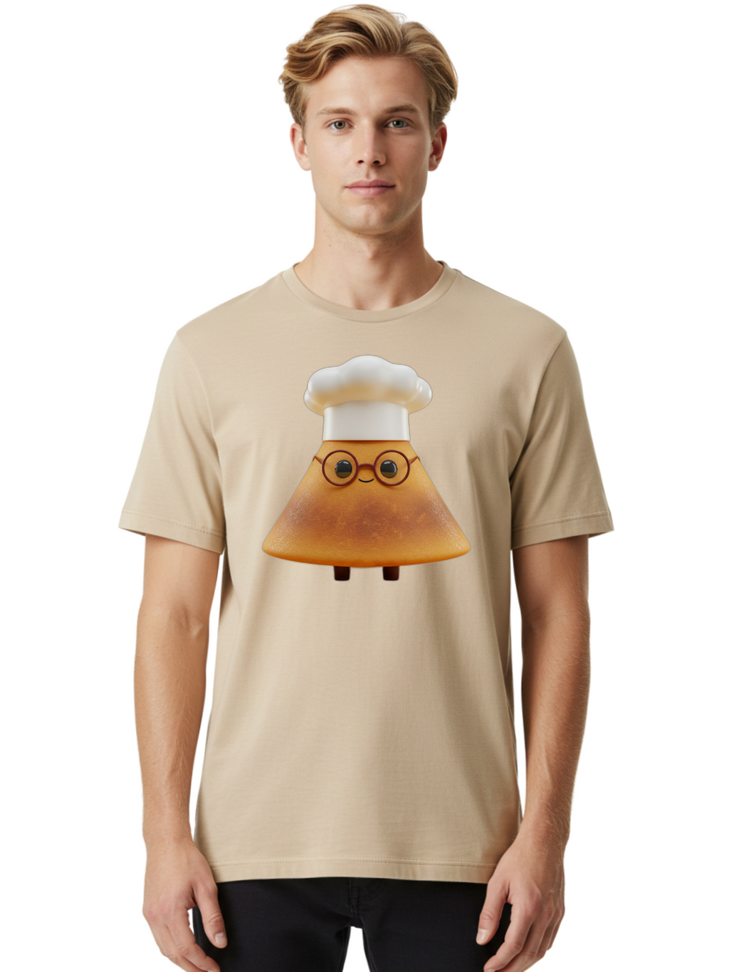 Caramel-Macchiato Men'S Graphic Tee, 100% Cotton, Comfortable Casual Summer Wear, Machine Washable, Cartoon Chef, Triangular Chef, Chef Hat, Round Glasses, Smiling Face, Black Eyes, Chef Character, Kitchen Staff, Cooking, Funny Character, Baa252