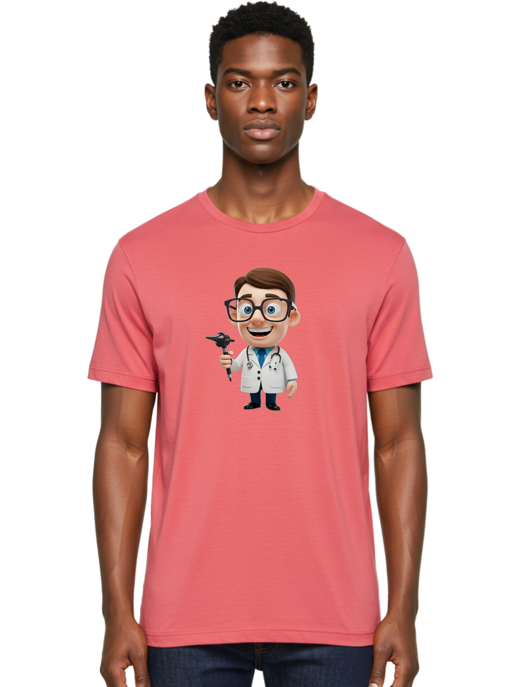 Cartoon-Doctor-1 Men'S Graphic Tee, 100% Cotton, Comfortable Casual Summer Wear, Machine Washable, Cartoon Doctor, Medical Professional, Stethoscope, Otoscope, White Lab Coat, Blue Shirt, Black Glasses, Friendly Smile, Healthcare, Baa255