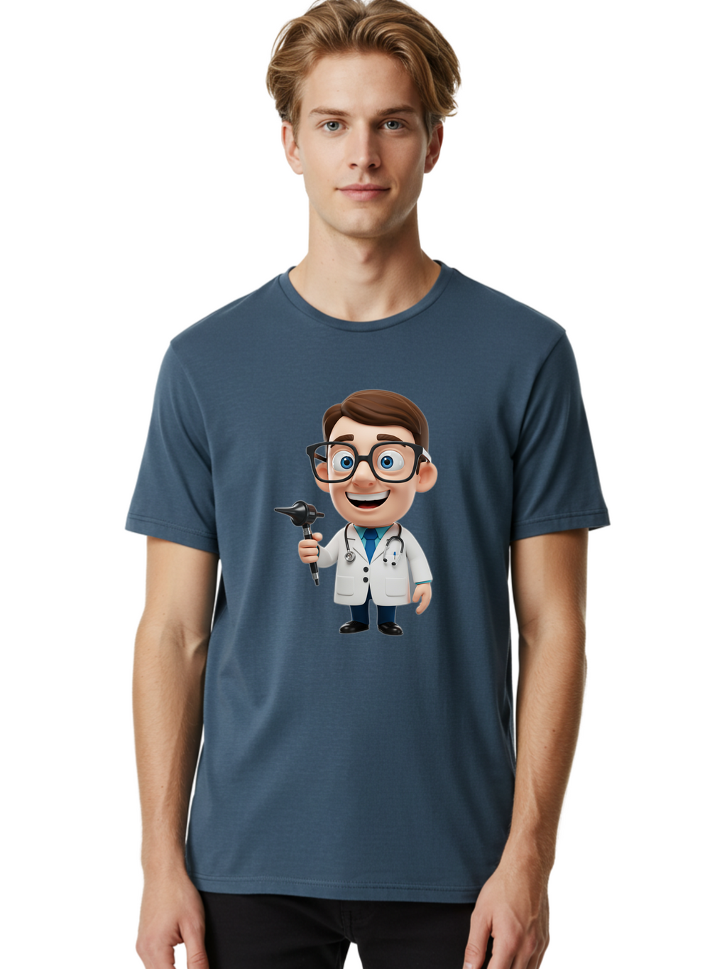 Cartoon-Doctor-1 Men'S Graphic Tee, 100% Cotton, Comfortable Casual Summer Wear, Machine Washable, Cartoon Doctor, Medical Professional, Stethoscope, Otoscope, White Lab Coat, Blue Shirt, Black Glasses, Friendly Smile, Healthcare, Baa255