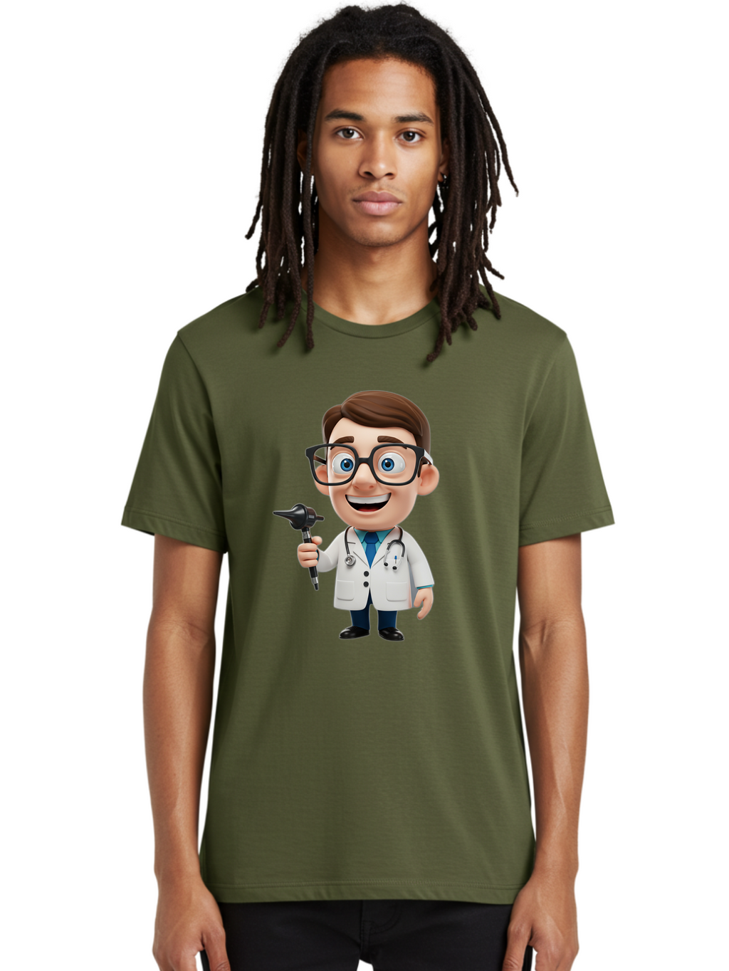 Cartoon-Doctor-1 Men'S Graphic Tee, 100% Cotton, Comfortable Casual Summer Wear, Machine Washable, Cartoon Doctor, Medical Professional, Stethoscope, Otoscope, White Lab Coat, Blue Shirt, Black Glasses, Friendly Smile, Healthcare, Baa255