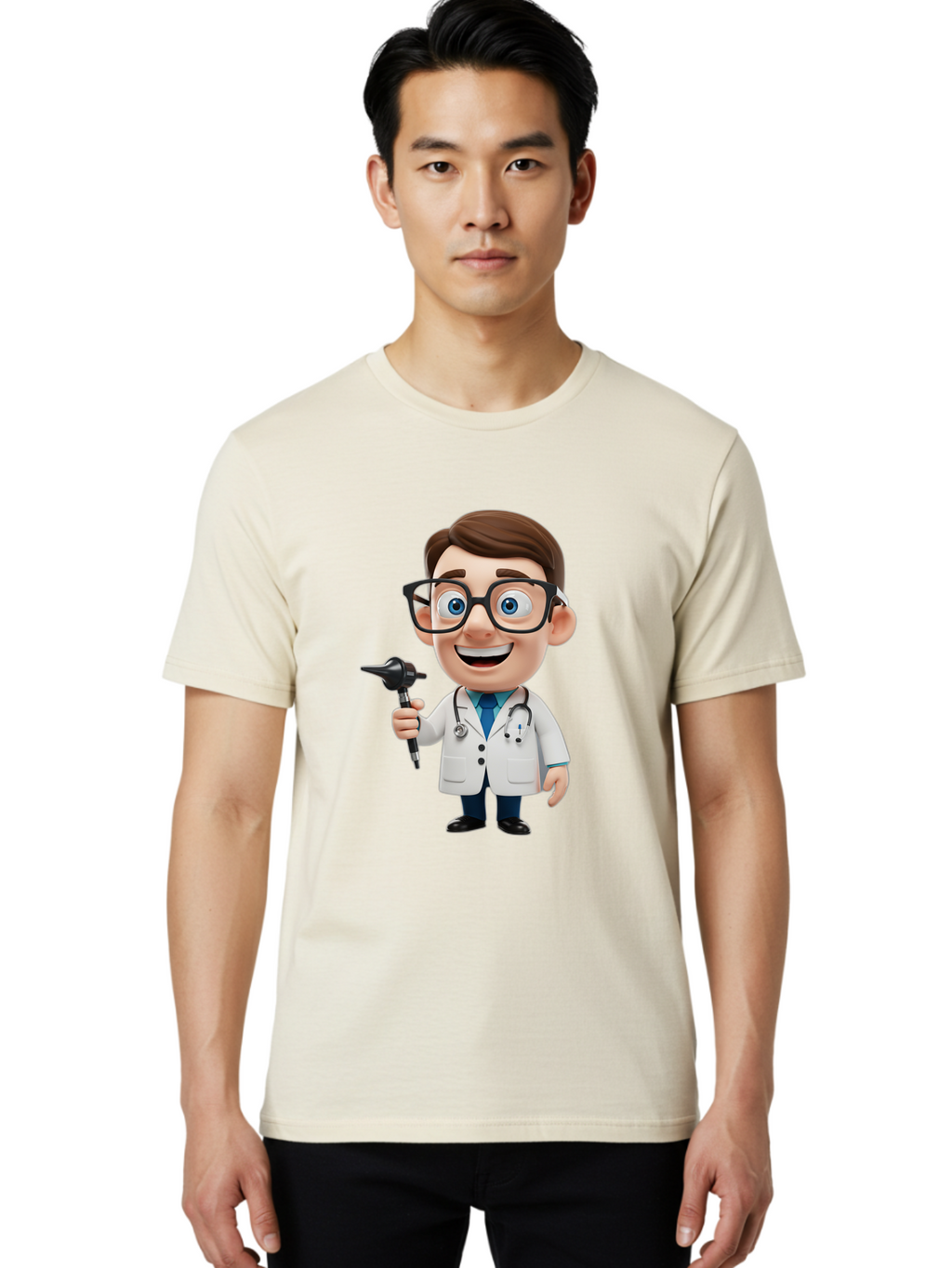 Cartoon-Doctor-1 Men'S Graphic Tee, 100% Cotton, Comfortable Casual Summer Wear, Machine Washable, Cartoon Doctor, Medical Professional, Stethoscope, Otoscope, White Lab Coat, Blue Shirt, Black Glasses, Friendly Smile, Healthcare, Baa255