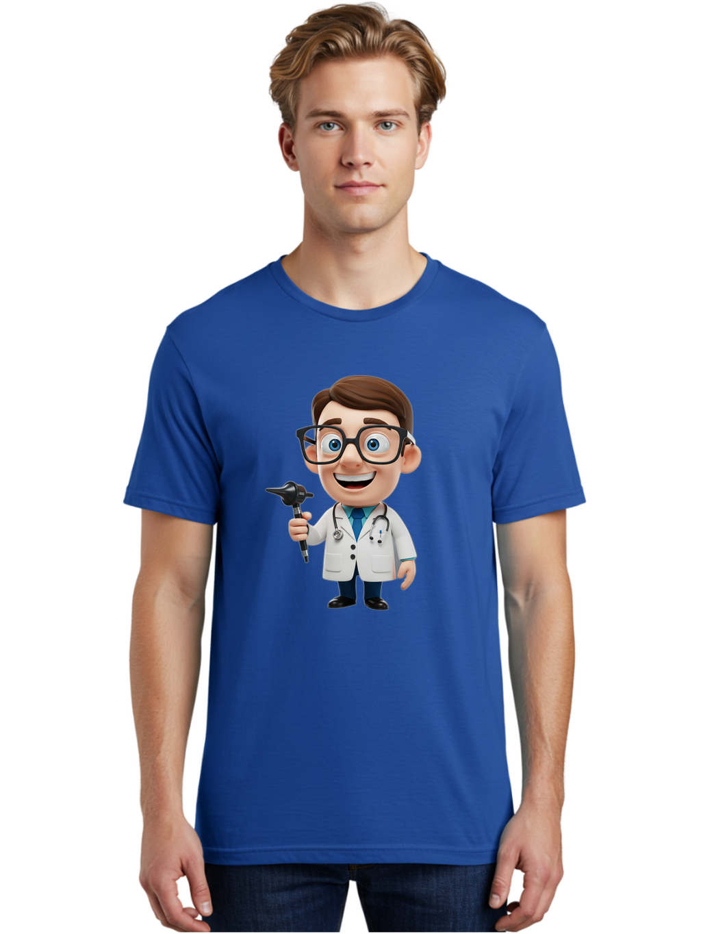 Cartoon-Doctor-1 Men'S Graphic Tee, 100% Cotton, Comfortable Casual Summer Wear, Machine Washable, Cartoon Doctor, Medical Professional, Stethoscope, Otoscope, White Lab Coat, Blue Shirt, Black Glasses, Friendly Smile, Healthcare, Baa255