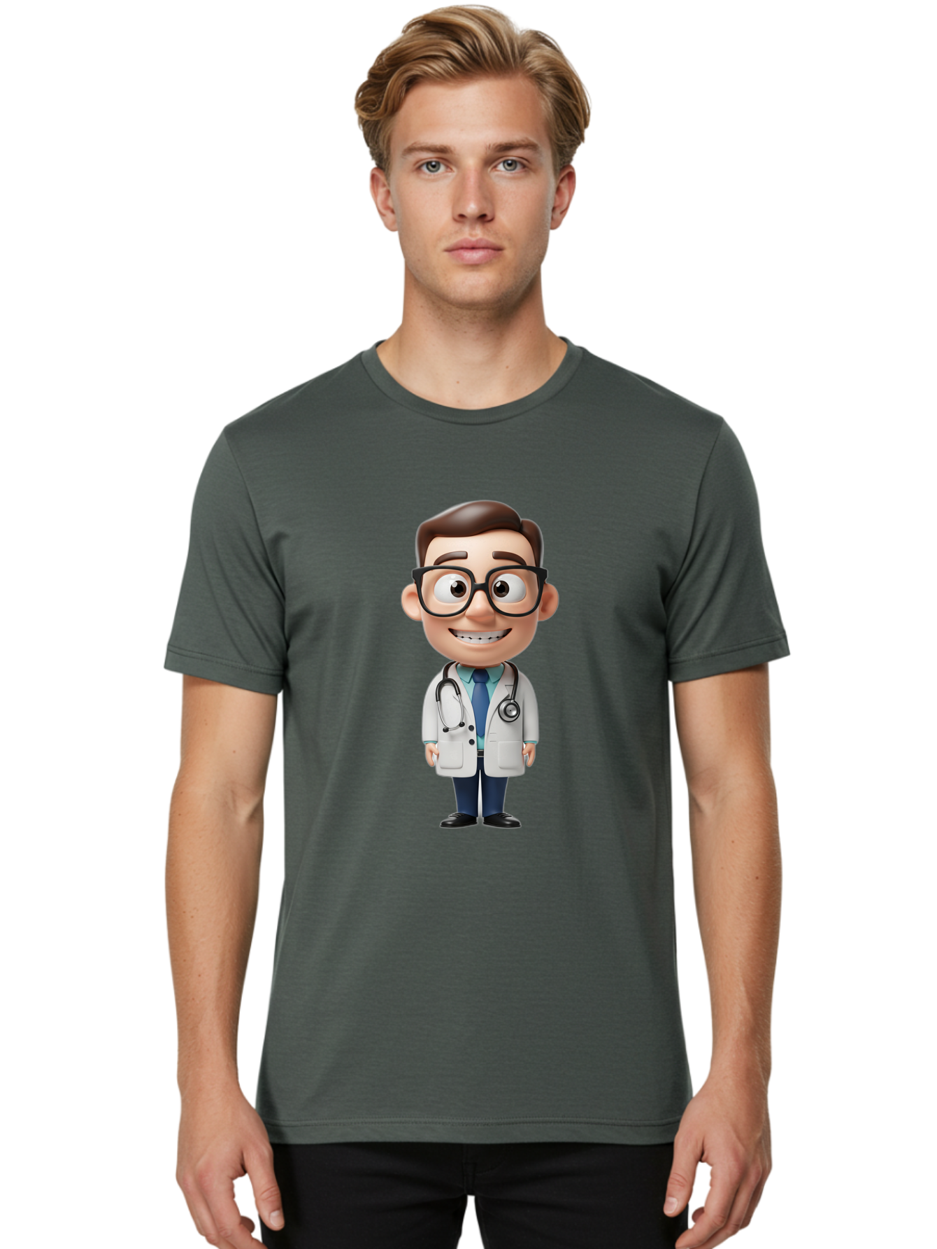 Cartoon-Doctor Men'S Graphic Tee, 100% Cotton, Comfortable Casual Summer Wear, Machine Washable, Cartoon Doctor, 3D Character, Medical Professional, Stethoscope Around Neck, White Lab Coat, Blue Tie, Black Glasses, Friendly Smile, Baa256