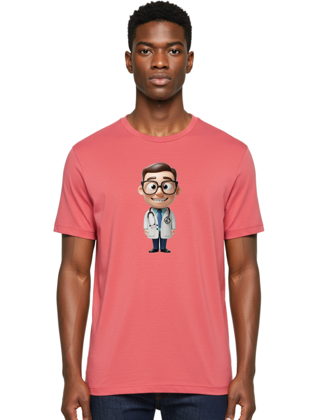 Cartoon-Doctor Men'S Graphic Tee, 100% Cotton, Comfortable Casual Summer Wear, Machine Washable, Cartoon Doctor, 3D Character, Medical Professional, Stethoscope Around Neck, White Lab Coat, Blue Tie, Black Glasses, Friendly Smile, Baa256