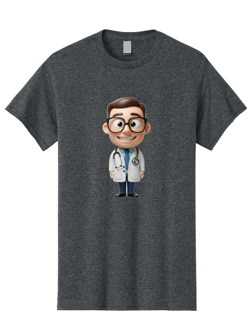 Cartoon-Doctor Men'S Graphic Tee, 100% Cotton, Comfortable Casual Summer Wear, Machine Washable, Cartoon Doctor, 3D Character, Medical Professional, Stethoscope Around Neck, White Lab Coat, Blue Tie, Black Glasses, Friendly Smile, Baa256