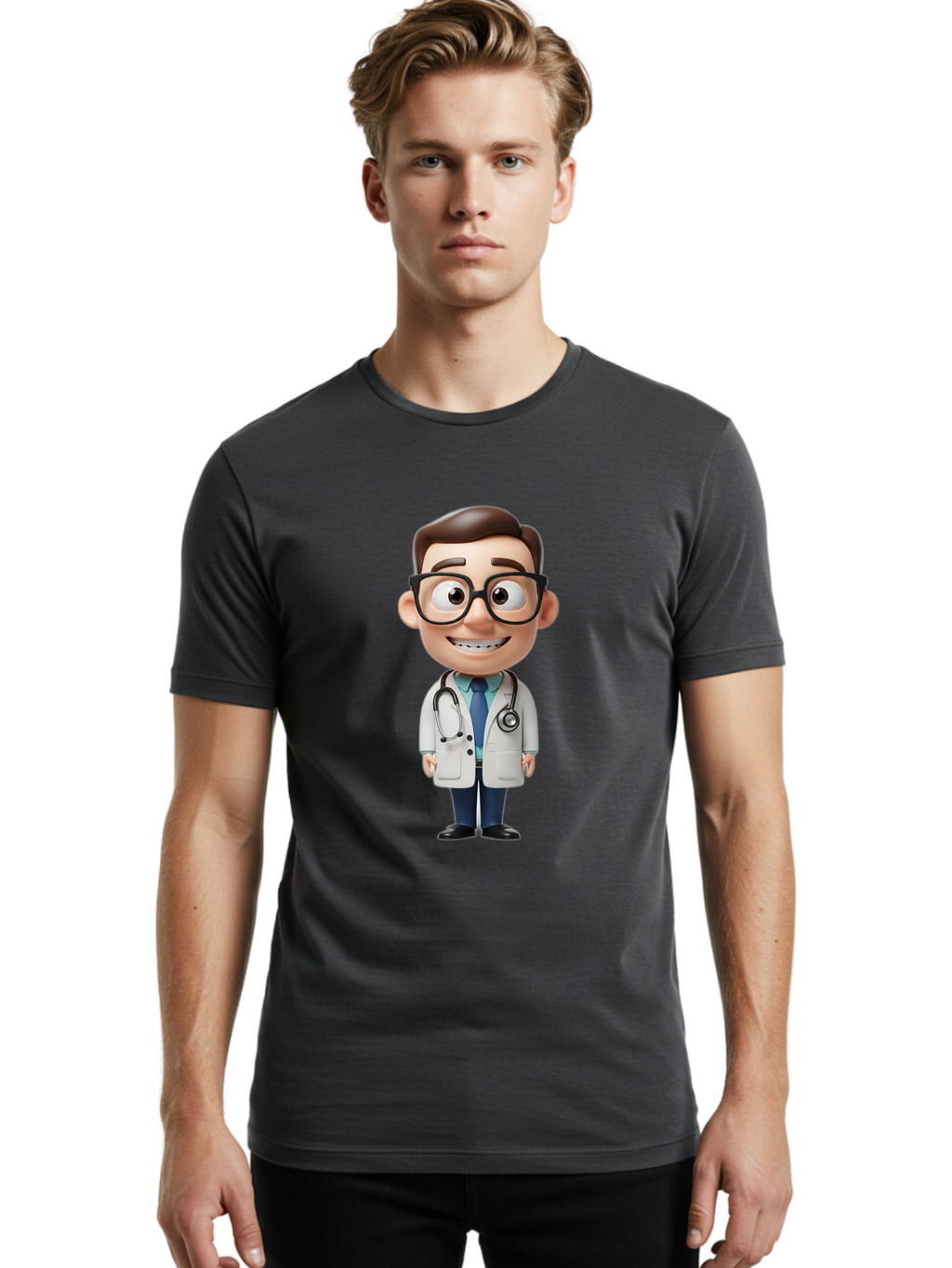 Cartoon-Doctor Men'S Graphic Tee, 100% Cotton, Comfortable Casual Summer Wear, Machine Washable, Cartoon Doctor, 3D Character, Medical Professional, Stethoscope Around Neck, White Lab Coat, Blue Tie, Black Glasses, Friendly Smile, Baa256