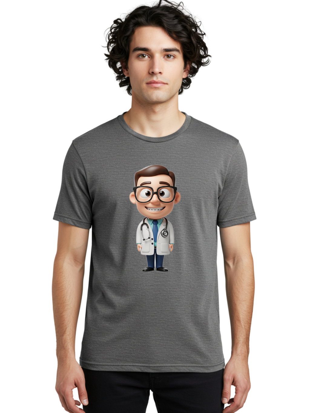 Cartoon-Doctor Men'S Graphic Tee, 100% Cotton, Comfortable Casual Summer Wear, Machine Washable, Cartoon Doctor, 3D Character, Medical Professional, Stethoscope Around Neck, White Lab Coat, Blue Tie, Black Glasses, Friendly Smile, Baa256