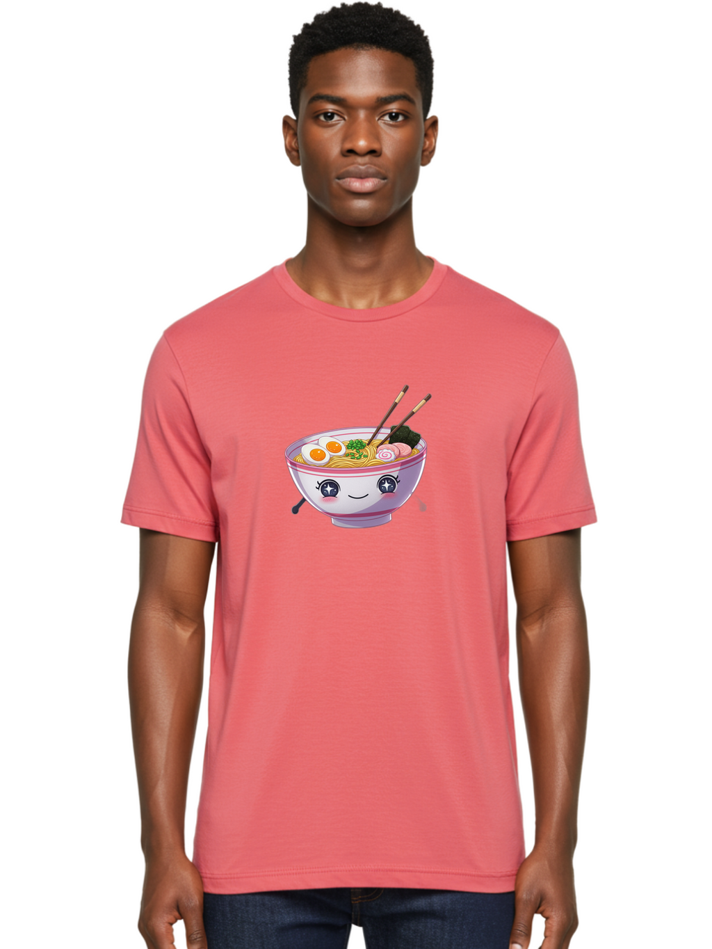 Cartoon-Ramen Men'S Graphic Tee, 100% Cotton, Comfortable Casual Summer Wear, Machine Washable, Kawaii Ramen Bowl, Cartoon Noodle Soup, Adorable Bowl, Ramen Noodles, Boiled Egg, Seaweed, Chopsticks, Cute Character, Japanese Food, Anime Style, Baa257
