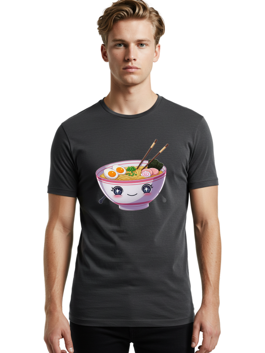 Cartoon-Ramen Men'S Graphic Tee, 100% Cotton, Comfortable Casual Summer Wear, Machine Washable, Kawaii Ramen Bowl, Cartoon Noodle Soup, Adorable Bowl, Ramen Noodles, Boiled Egg, Seaweed, Chopsticks, Cute Character, Japanese Food, Anime Style, Baa257