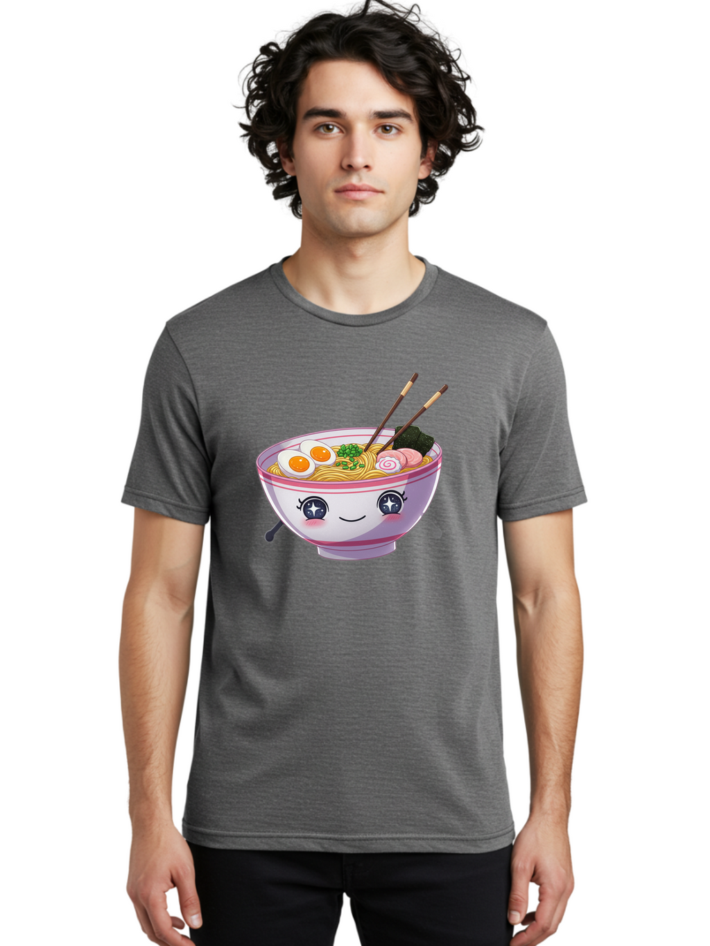 Cartoon-Ramen Men'S Graphic Tee, 100% Cotton, Comfortable Casual Summer Wear, Machine Washable, Kawaii Ramen Bowl, Cartoon Noodle Soup, Adorable Bowl, Ramen Noodles, Boiled Egg, Seaweed, Chopsticks, Cute Character, Japanese Food, Anime Style, Baa257
