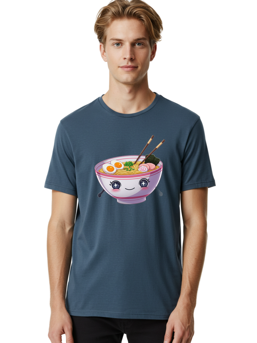 Cartoon-Ramen Men'S Graphic Tee, 100% Cotton, Comfortable Casual Summer Wear, Machine Washable, Kawaii Ramen Bowl, Cartoon Noodle Soup, Adorable Bowl, Ramen Noodles, Boiled Egg, Seaweed, Chopsticks, Cute Character, Japanese Food, Anime Style, Baa257