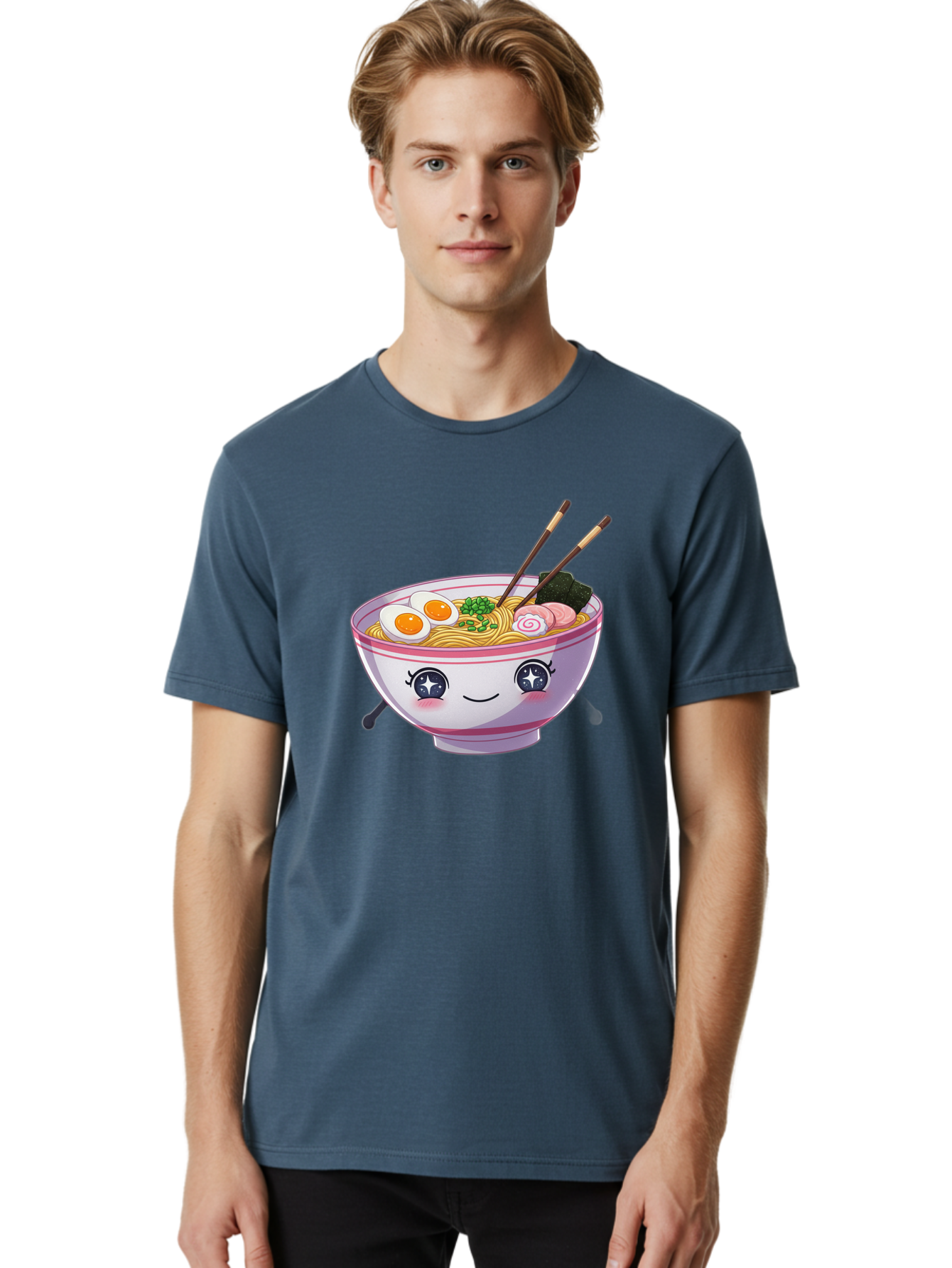 Cartoon-Ramen Men'S Graphic Tee, 100% Cotton, Comfortable Casual Summer Wear, Machine Washable, Kawaii Ramen Bowl, Cartoon Noodle Soup, Adorable Bowl, Ramen Noodles, Boiled Egg, Seaweed, Chopsticks, Cute Character, Japanese Food, Anime Style, Baa257