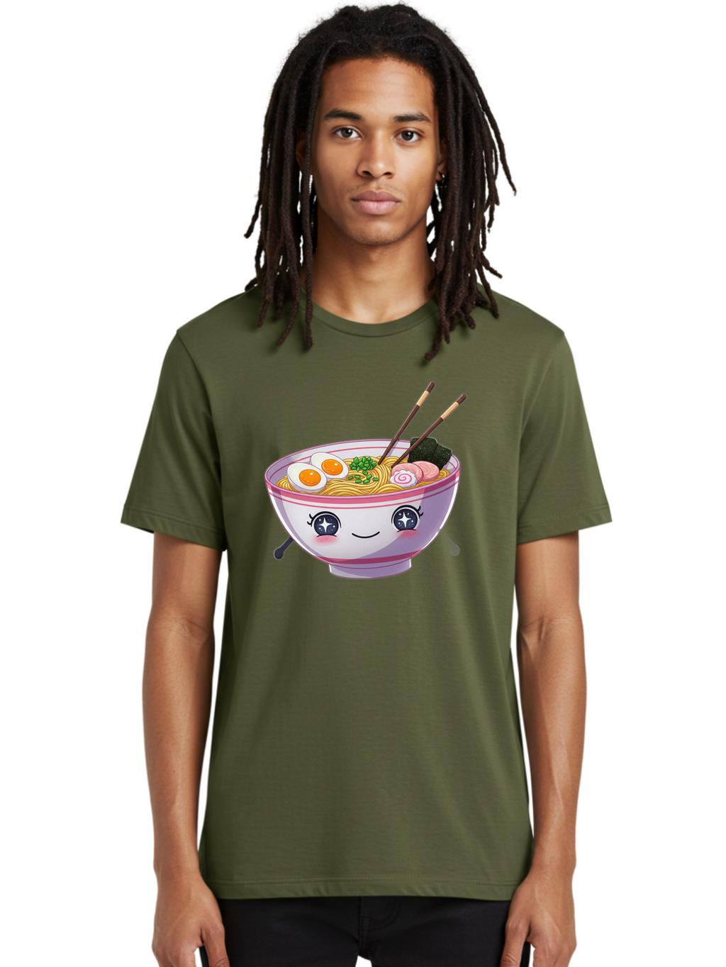 Cartoon-Ramen Men'S Graphic Tee, 100% Cotton, Comfortable Casual Summer Wear, Machine Washable, Kawaii Ramen Bowl, Cartoon Noodle Soup, Adorable Bowl, Ramen Noodles, Boiled Egg, Seaweed, Chopsticks, Cute Character, Japanese Food, Anime Style, Baa257