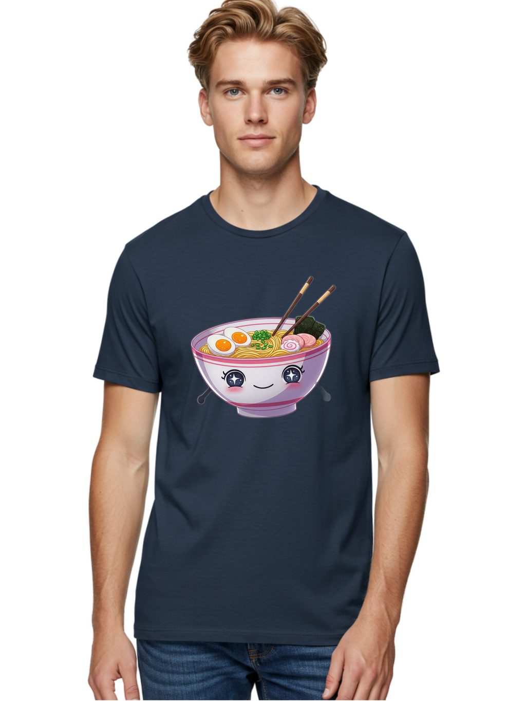 Cartoon-Ramen Men'S Graphic Tee, 100% Cotton, Comfortable Casual Summer Wear, Machine Washable, Kawaii Ramen Bowl, Cartoon Noodle Soup, Adorable Bowl, Ramen Noodles, Boiled Egg, Seaweed, Chopsticks, Cute Character, Japanese Food, Anime Style, Baa257