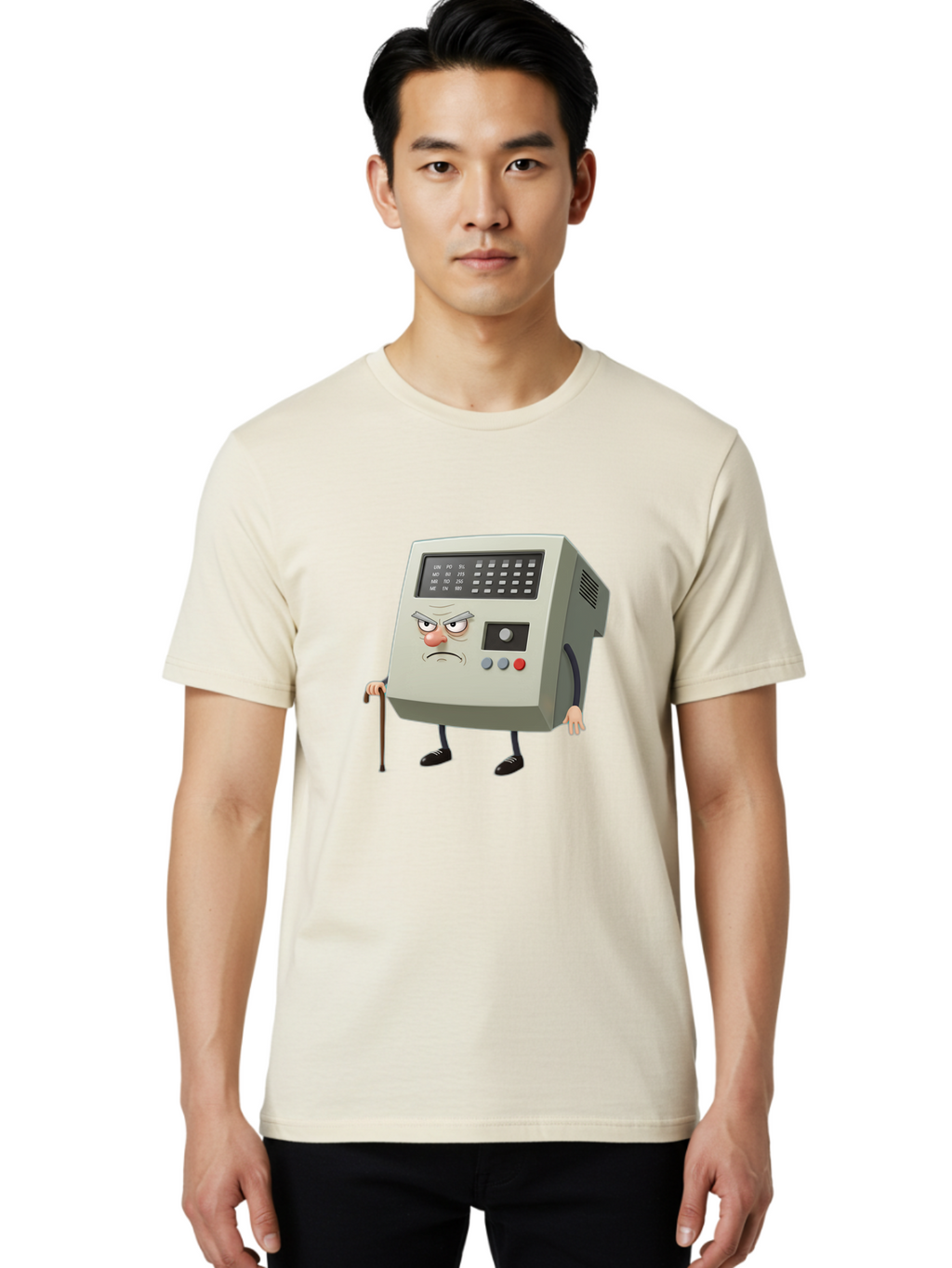 Cash-Register-Character Men'S Graphic Tee, 100% Cotton, Comfortable Casual Summer Wear, Machine Washable, Cash Register With Human-Like Face, Grumpy Expression, Vintage Style, Retro Aesthetic, Cartoon Character, Old-Fashioned Technology, Baa258