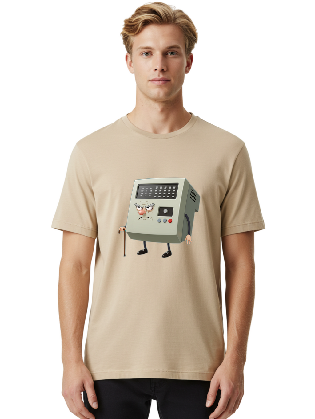 Cash-Register-Character Men'S Graphic Tee, 100% Cotton, Comfortable Casual Summer Wear, Machine Washable, Cash Register With Human-Like Face, Grumpy Expression, Vintage Style, Retro Aesthetic, Cartoon Character, Old-Fashioned Technology, Baa258