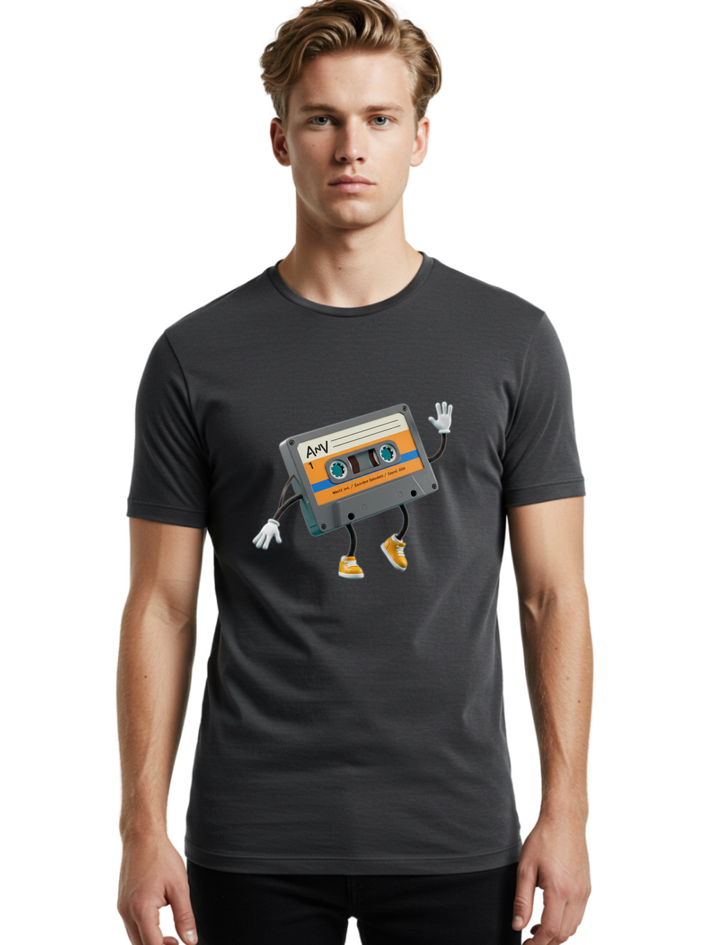 Cassette-Tape-1 Men'S Graphic Tee, 100% Cotton, Comfortable Casual Summer Wear, Machine Washable, Cartoon Cassette Tape, Anthropomorphic Character, Retro Music, Orange Sneakers, Waving Gesture, Fun Design, Nostalgic Vibe, Playful Illustration, Baa259